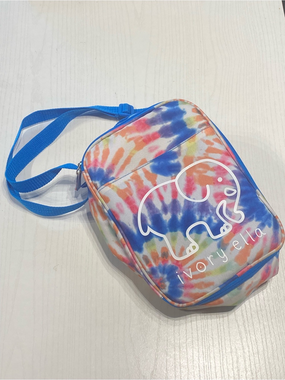 Ivory Ella Tie-Dye Lunch Bag in Blue, Pink, Orange, Yellow with Elephant